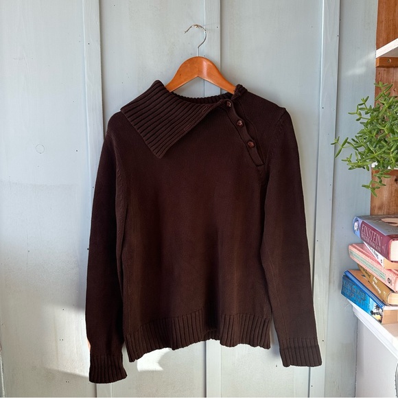Ralph Lauren Sweaters - Ralph Lauren Dark Brown Women's Sweater with Buttoned Collar 100% Cotton Size XL